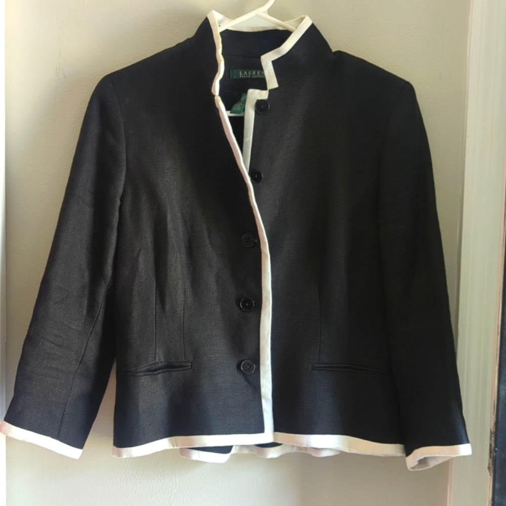 LAUREN Ralph Lauren Black White Linen Cropped Straight Jacket Size 10